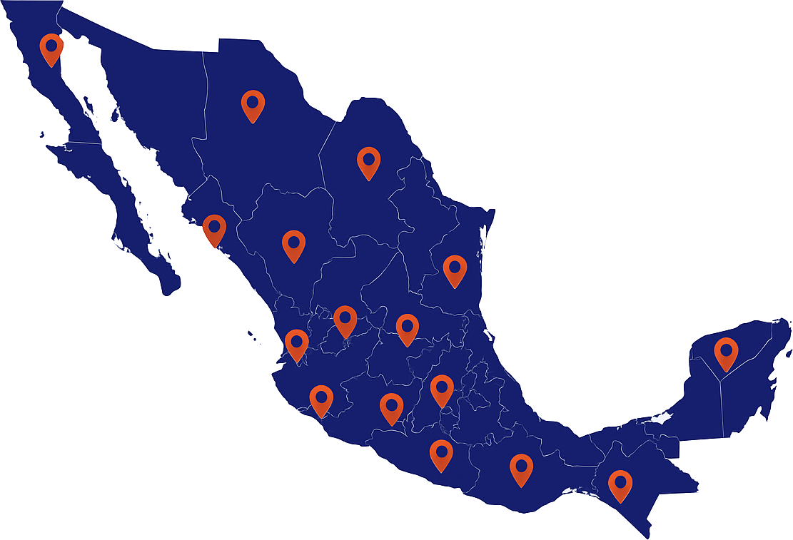 Mapa de México con cobertura nacional de OOH Media en espectaculares, vallas y mupis