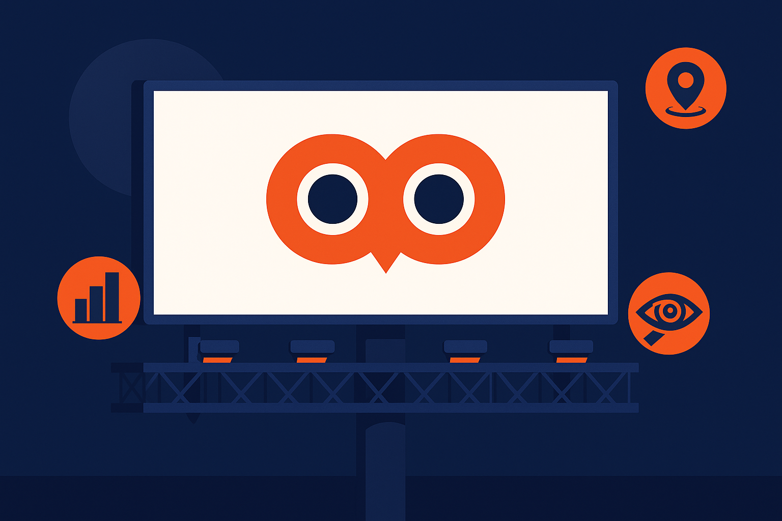 Ilustración de carteleras con el logo de OOH Media representando el análisis de rendimiento y medición de campañas publicitarias exteriores.